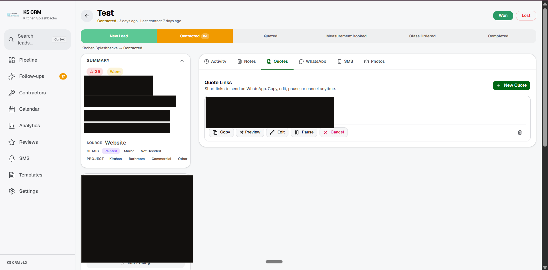 KS CRM dashboard — lead record showing pipeline stages, quote links, contact info, project tags, quote calculations with contractor cost, cash price, invoice, deposit, balance and margin