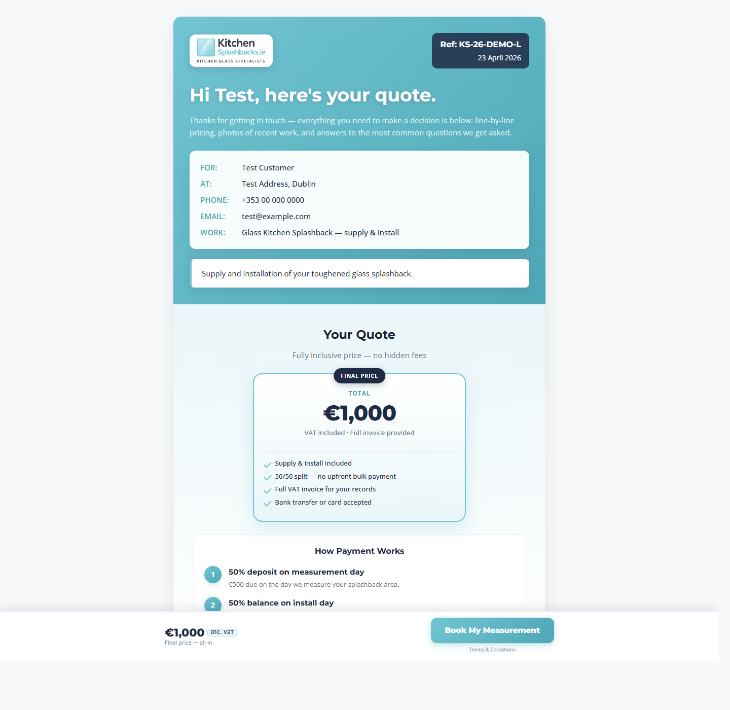 Kitchen Splashbacks branded online proposal. Customer reviews the quote, confirms details and books their measurement.