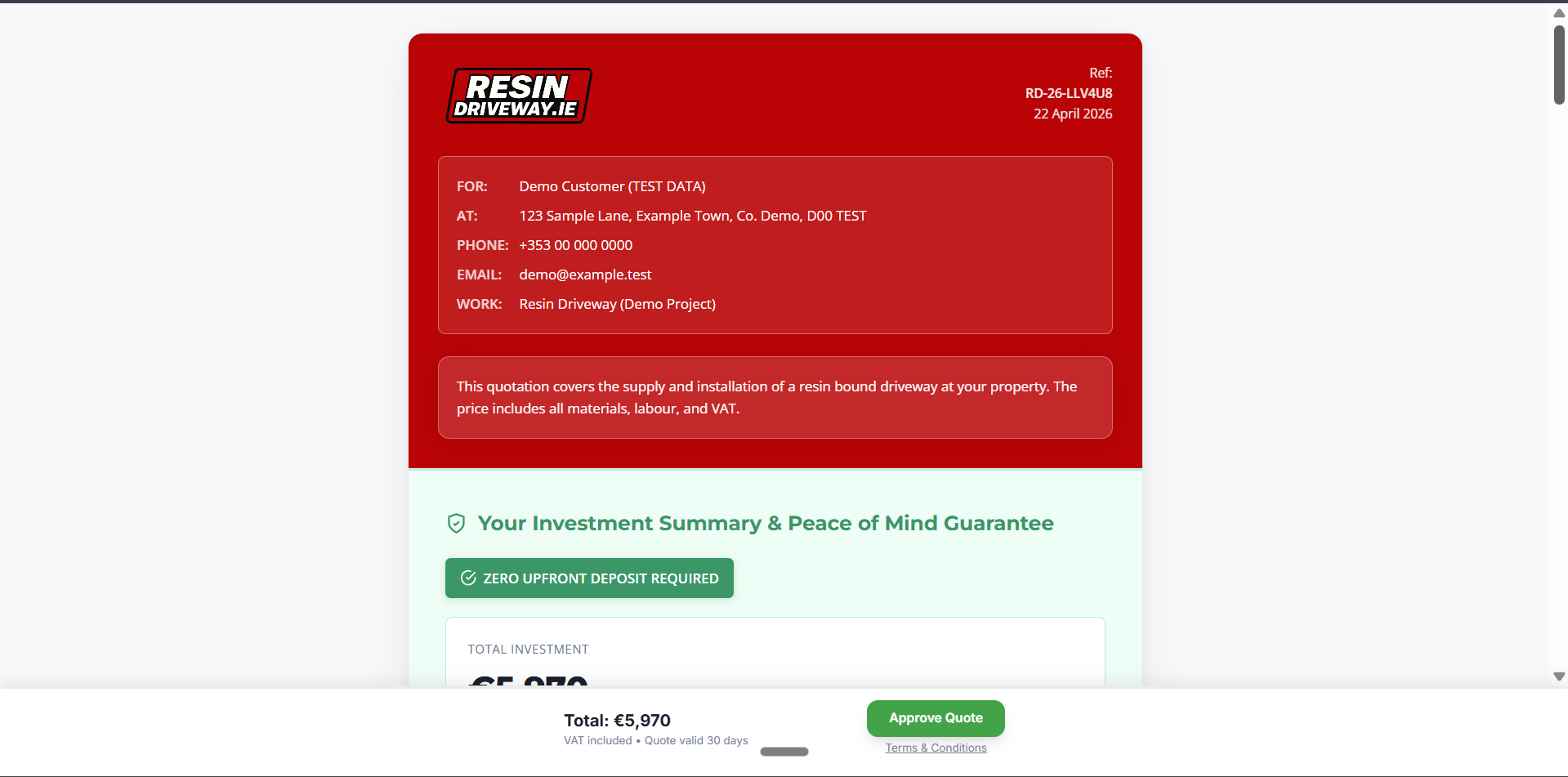 Resin Driveway branded online proposal — quote page with project details, total investment and online approval button